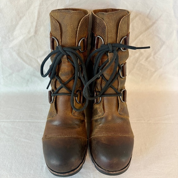 Sorel Boots Womens Size 6.5 Brown Leather Wedge Lace Up Ankle Lug Sole - Picture 1 of 12
